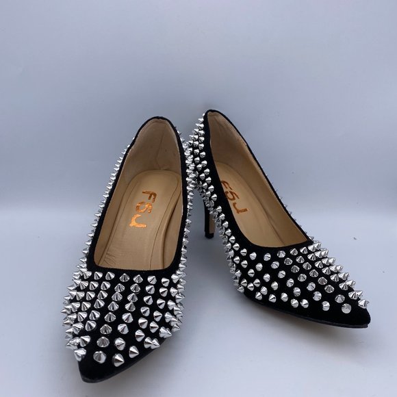 FSJ Shoes - FSJ Black Stiletto Heels Pointy Toe Studded Pumps
